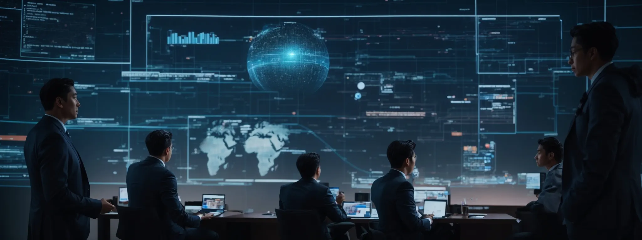 a group of professionals discussing around a holographic display of a search bar with ai icons and algorithm visualizations floating above.
