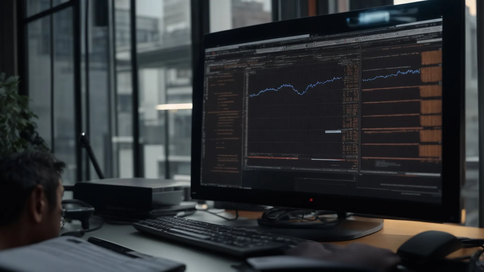 a person intently analyzes data on a computer screen, illustrating a meticulous seo audit in progress.