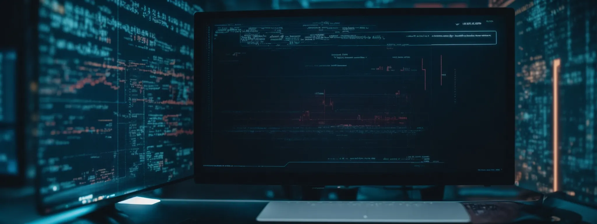 a computer displaying code on its screen against a futuristic digital background, symbolizing advanced seo practices.