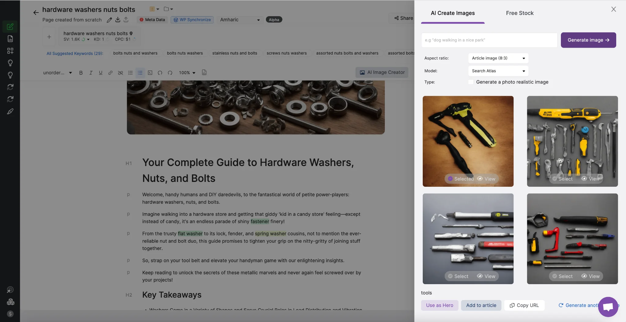 A user creates an image in a design tool. An open web page displays an article titled "Your Complete Guide to Hardware Washers, Nuts, and Bolts," optimized with engaging text and images of tools to enhance content visibility using a Content Optimizer.