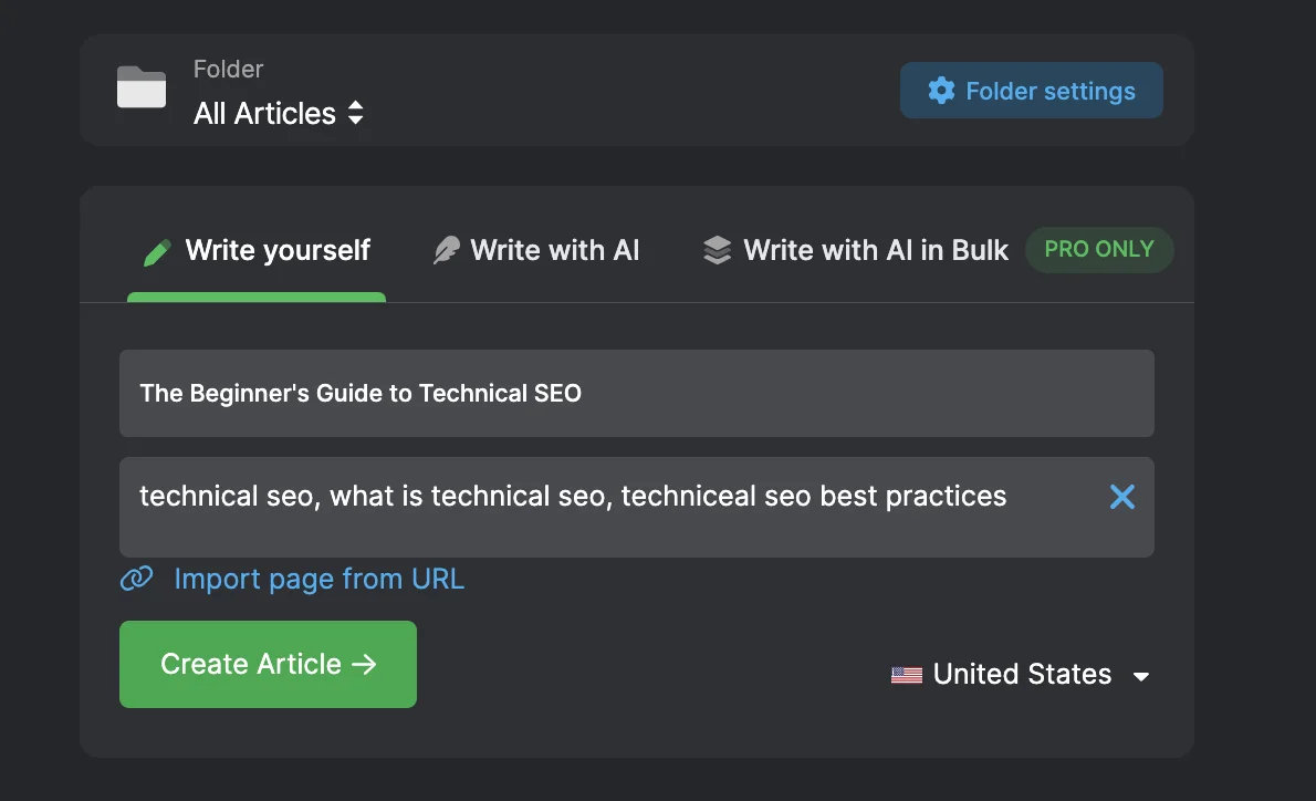 Screenshot of a writing tool interface, with options to "Write yourself" or "Write with AI." The selected project is titled "The Beginner's Guide to Technical SEO" and features keywords for the article. This powerful Content Optimizer ensures your SEO efforts are on point.
