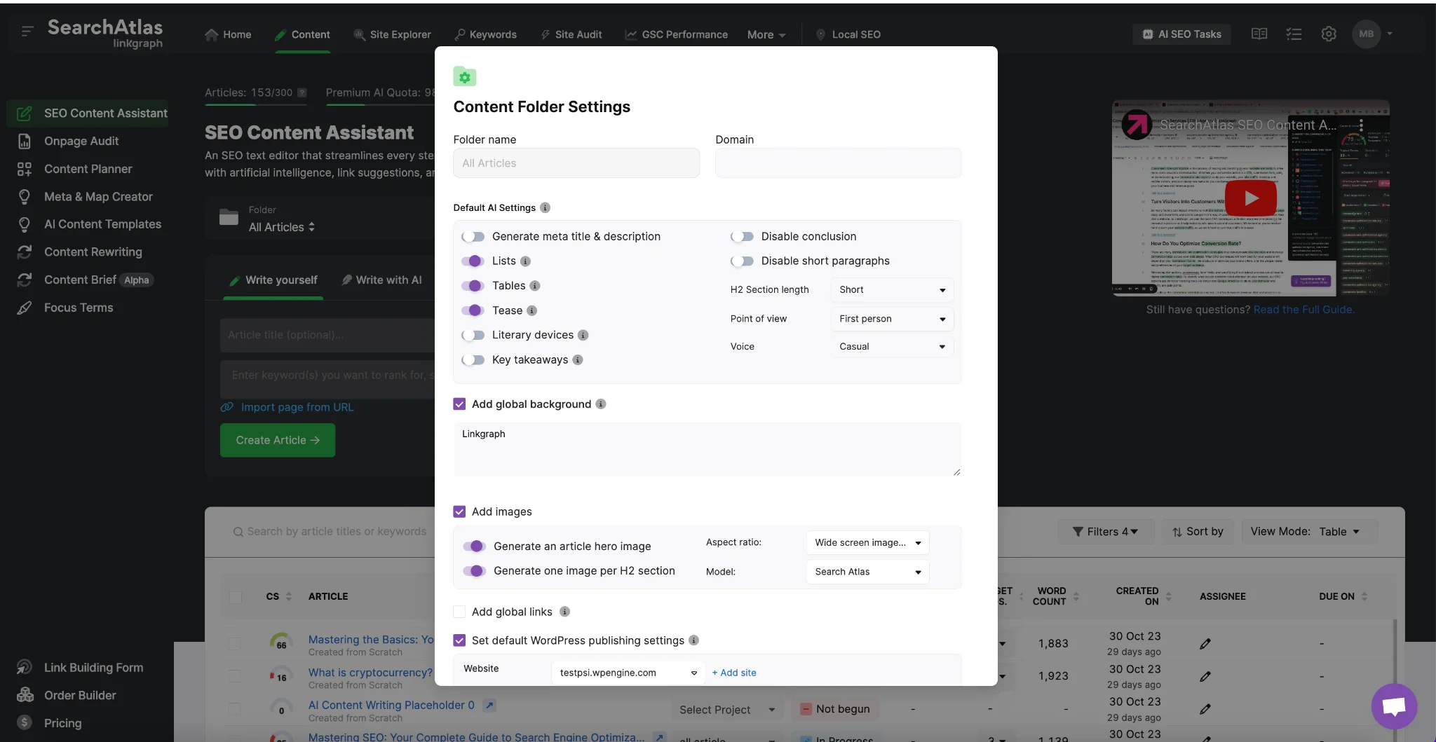 Screenshot of a content folder settings window in the Content Optimizer tool, showing customizable options such as title, language, and images settings. The main interface of the SEO tool is visible in the background.