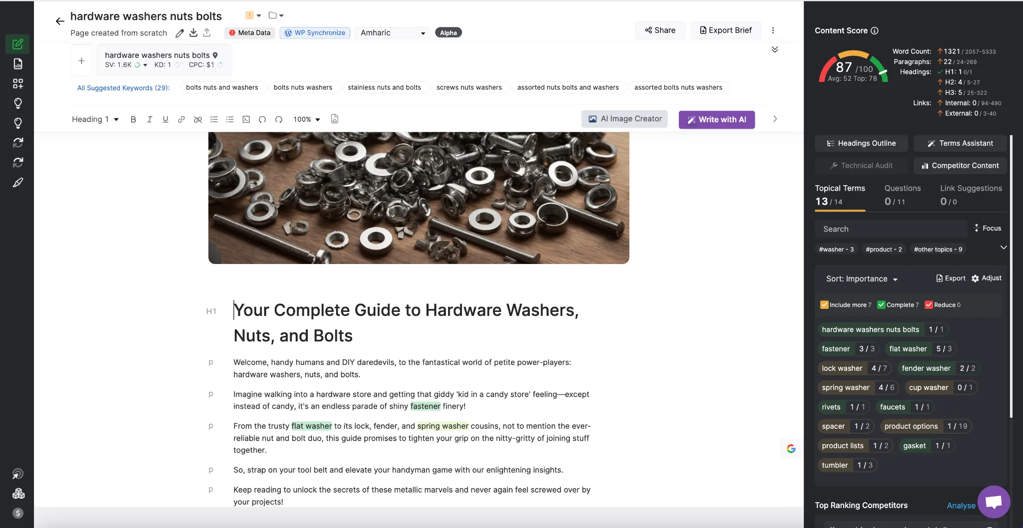 Screenshot of a webpage about hardware washers, nuts, and bolts, featuring an image of various hardware pieces scattered on a wooden surface. The webpage appears to be in editing mode using a Content Optimizer tool.