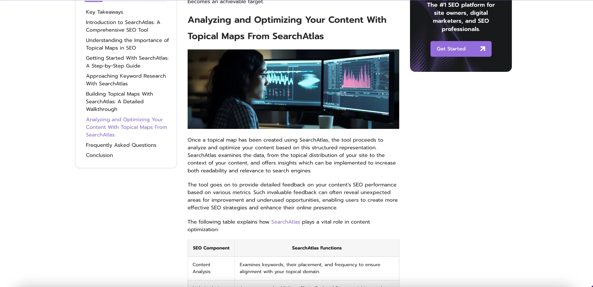 A person sits at a computer workstation, analyzing data on multiple screens. The webpage details the process of using Content Optimizer tools and Topical Maps from SearchAtlas to analyze and optimize content efficiently.