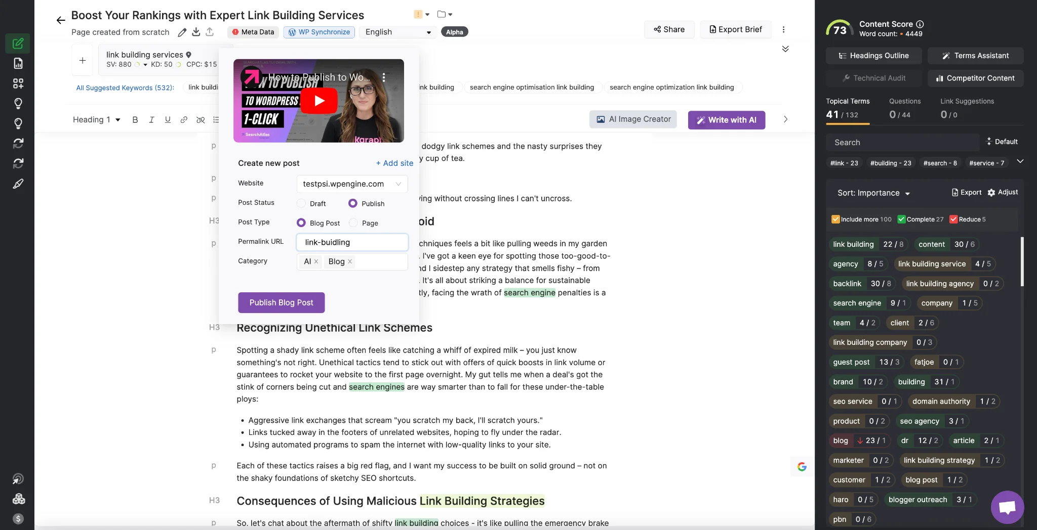 A digital document titled "Boost Your Rankings with Expert Link Building Services" is displayed on a computer screen, featuring text, a video thumbnail, and editing options like "Create new post" and "Schedule post." It's the ultimate content optimizer for your SEO strategy.