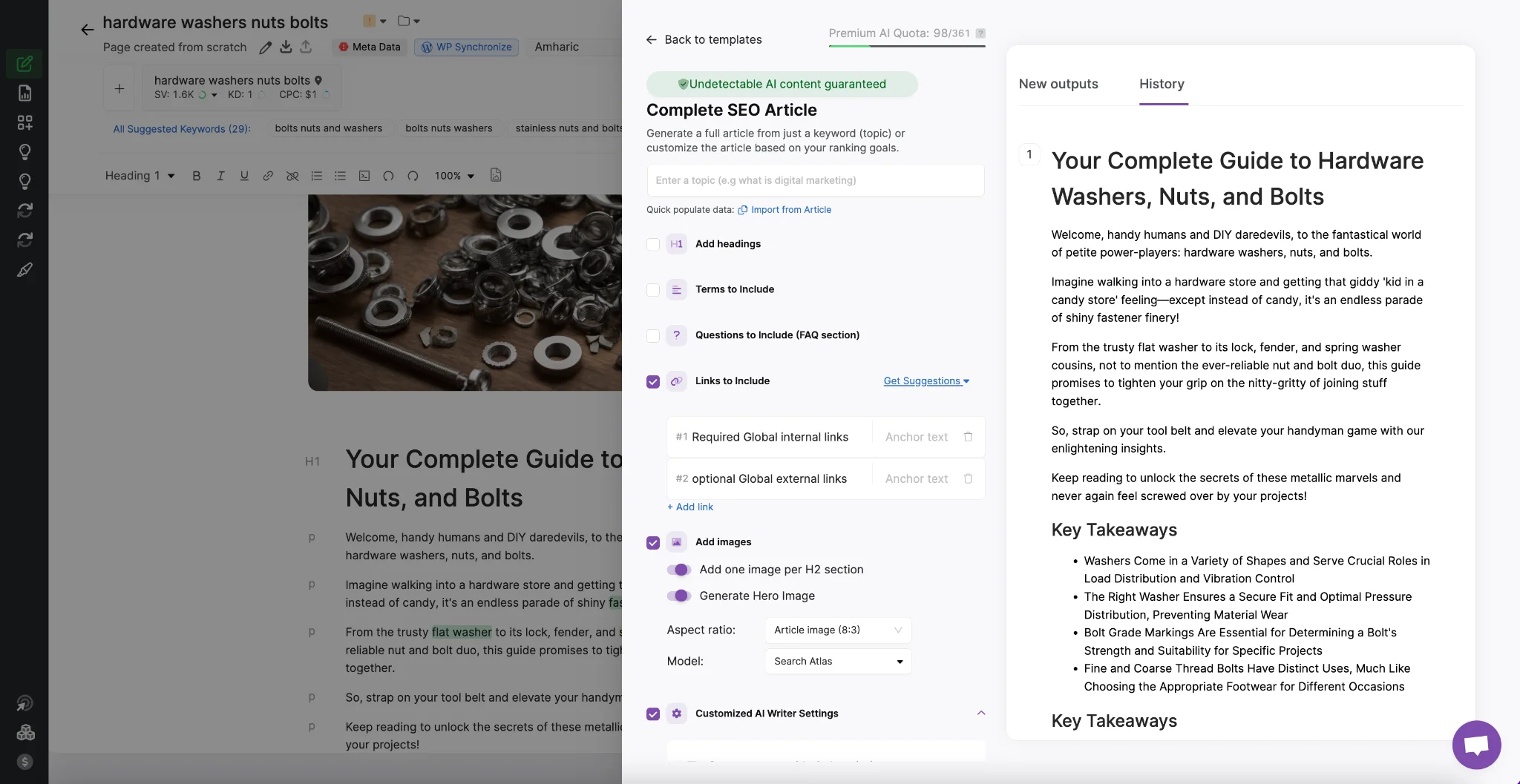 A screenshot of a computer screen displaying an article draft titled "Your Complete Guide to Hardware Washers, Nuts, and Bolts" alongside an AI-generated article with the same title, enhanced by a Content Optimizer for improved readability and SEO.