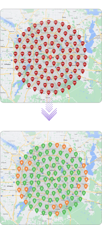 A comparison of two maps showing the change in location statuses from 'closed' (red pins) to 'open' (green pins) after an event or onpage audit intervention.