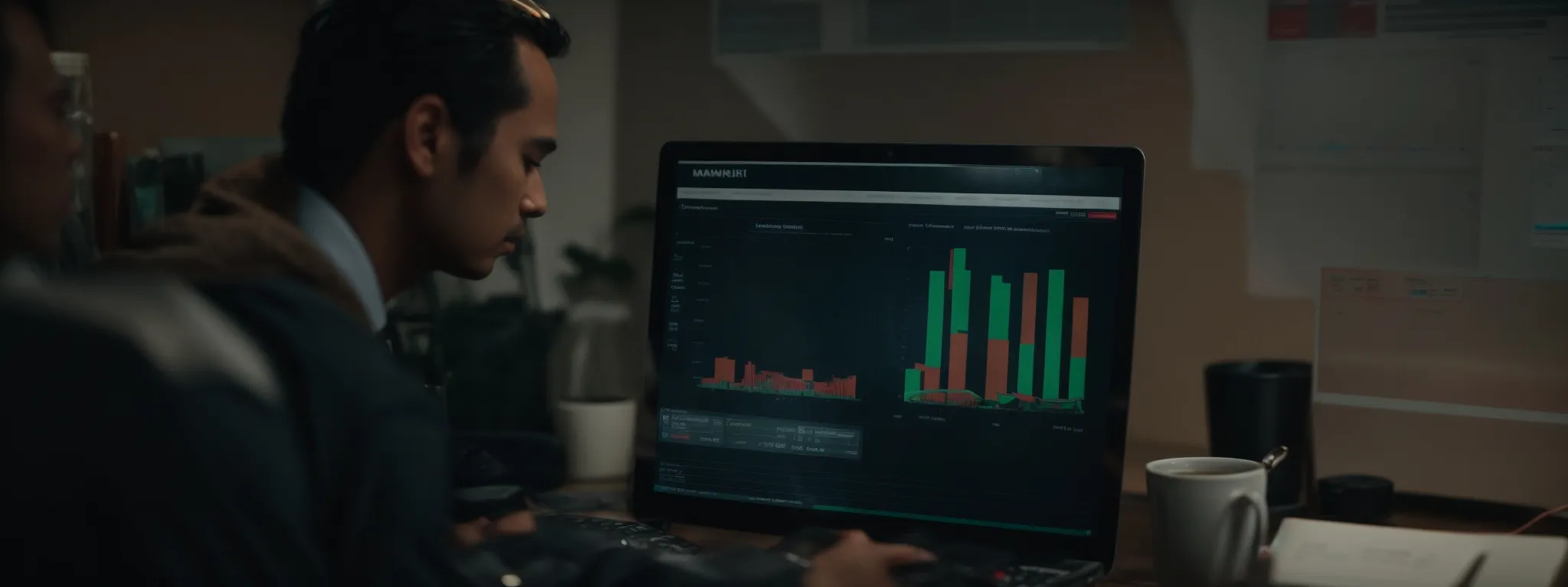 a marketer analytically reviewing campaign performance on a computer dashboard, displaying keywords and metrics.