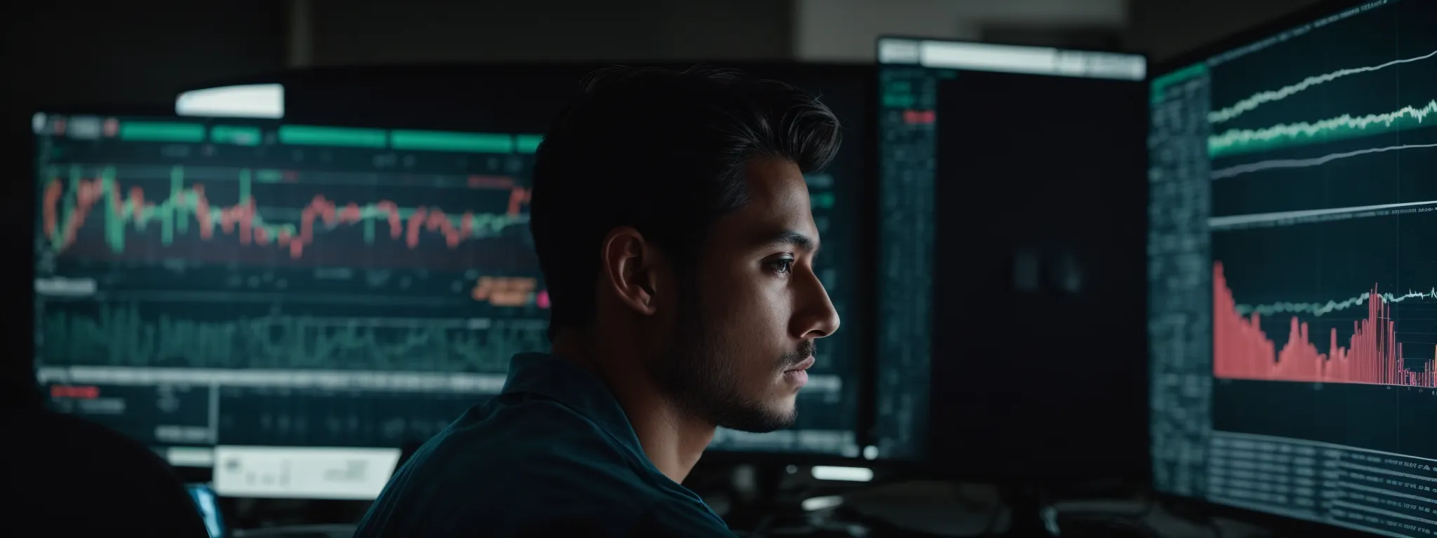 a focused individual gazes at a large computer screen displaying colorful graphs and data analysis software.
