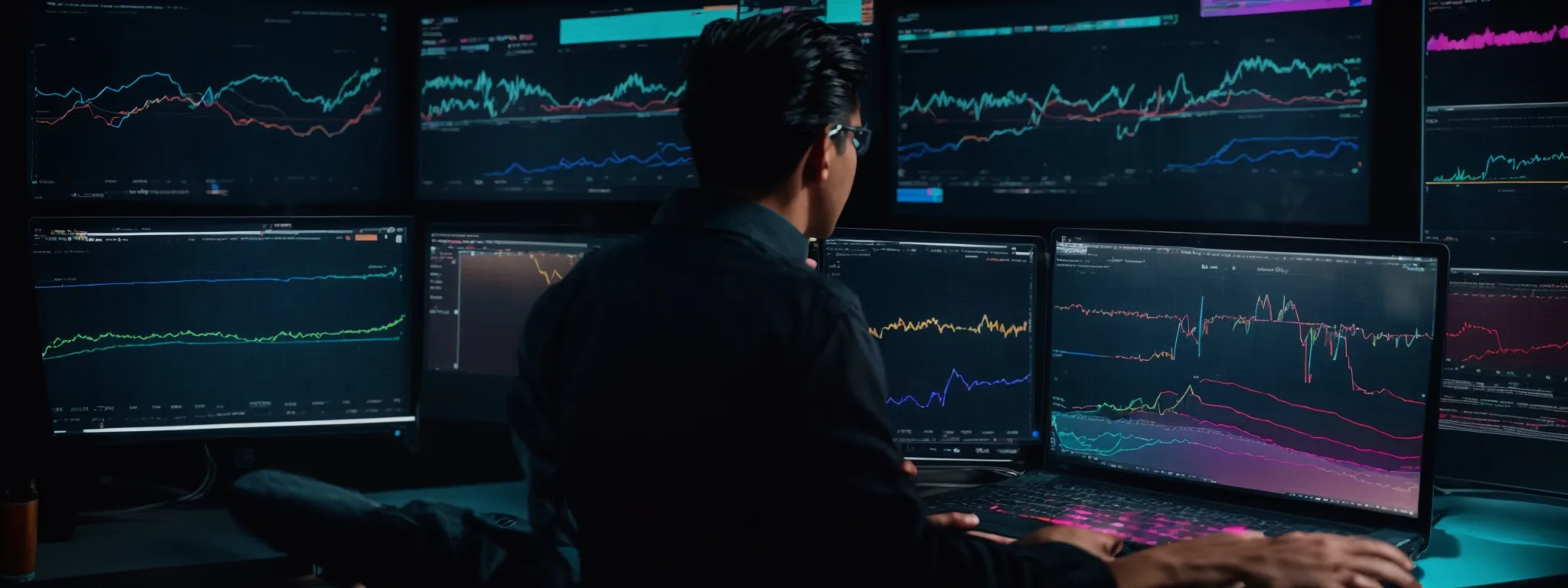 a marketer analyzes vibrant graphs on a computer screen, reflecting live search engine data trends.