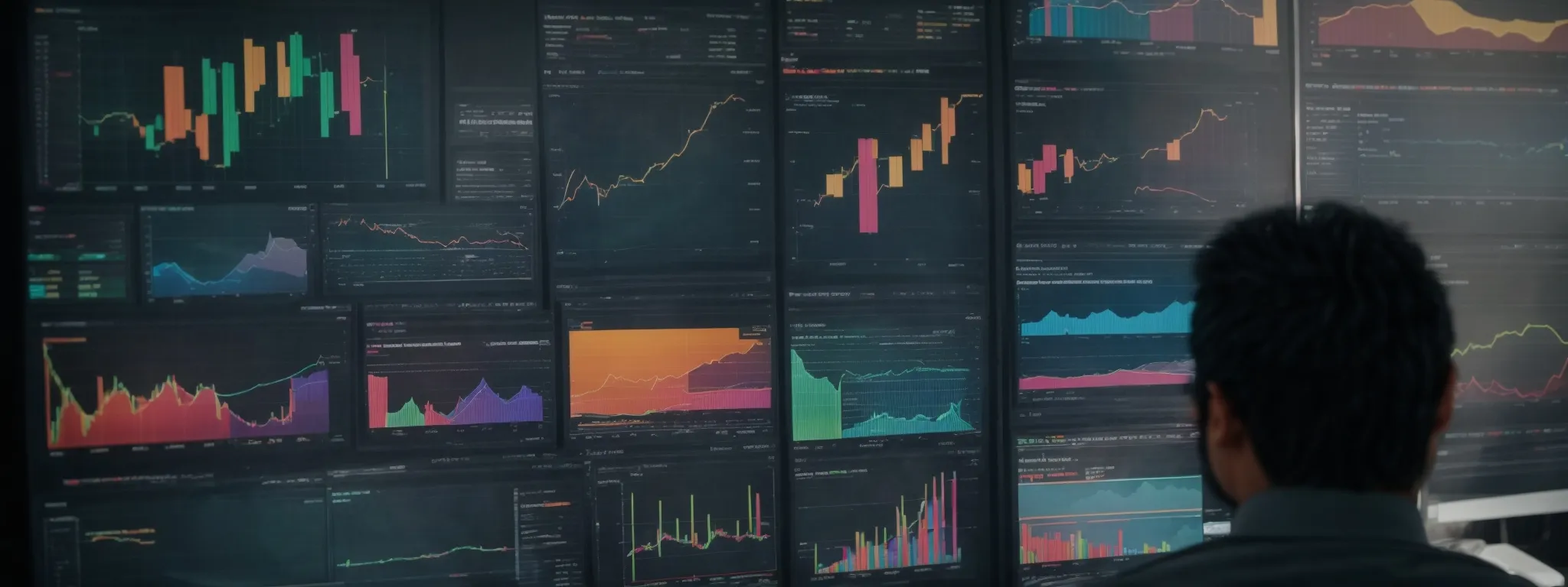 a person intently studies a large screen displaying colorful graphs and charts representing seo keyword analysis.