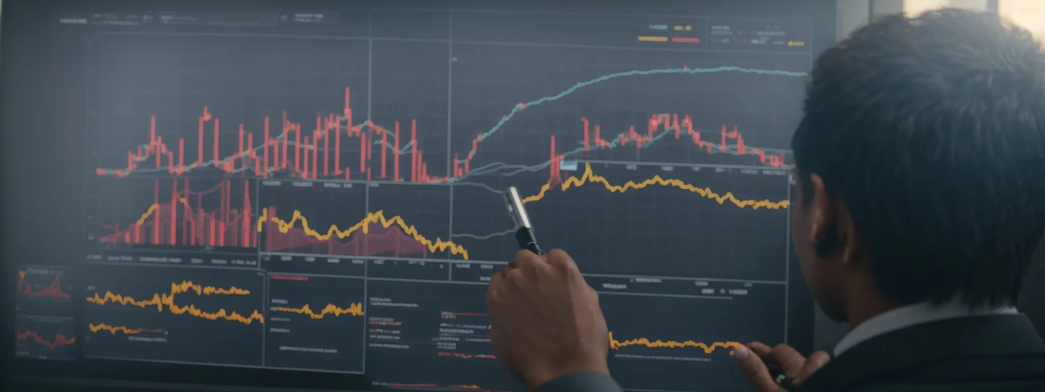 a person examining a detailed graph that represents online market trends and competition analysis.