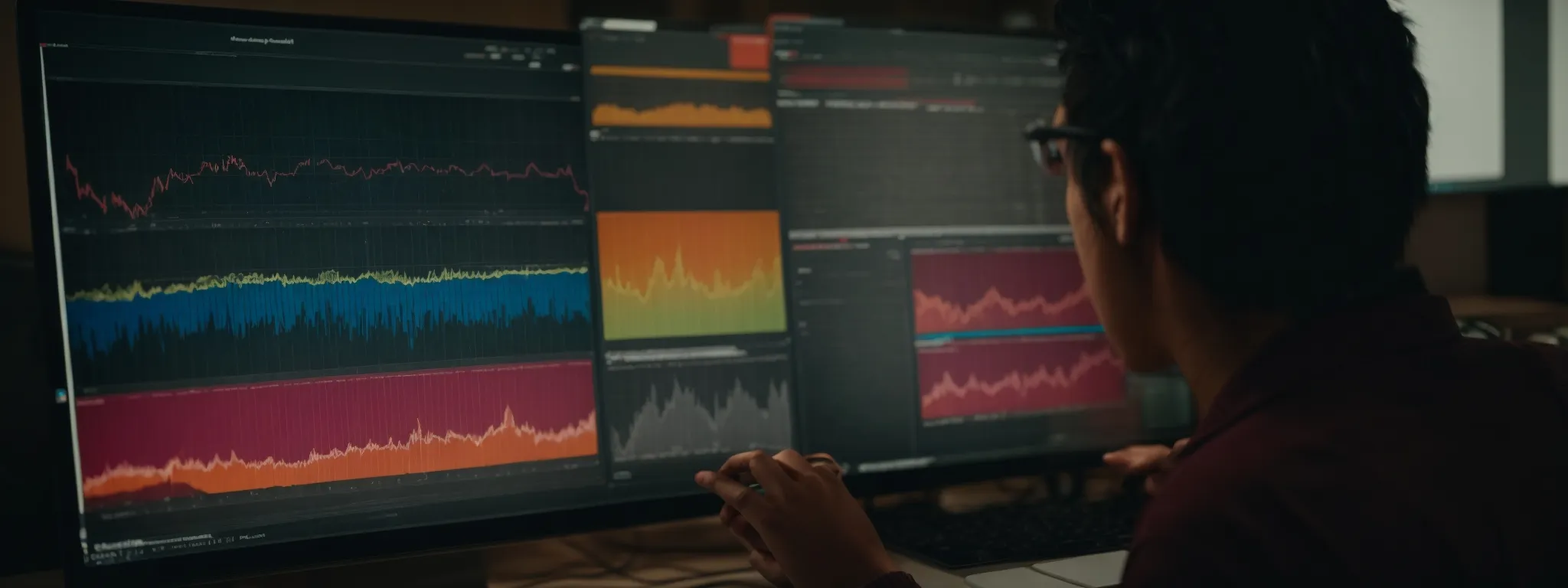 a person analyzing colorful graphs on a computer screen depicting seasonal consumer trend patterns.