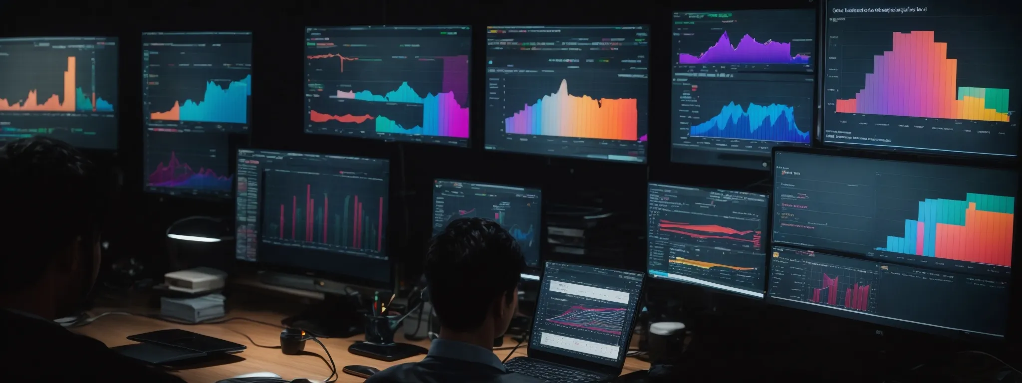 a person at a desk with a computer screen showing colorful graphs and charts related to keyword research.