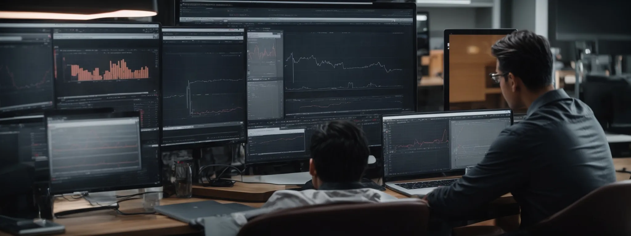 a person analyzing graphs and charts on a computer screen, reflecting website traffic and engagement metrics.