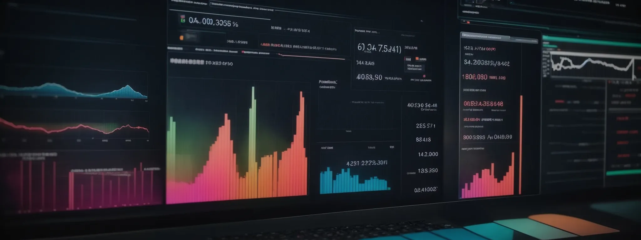 a computer screen displaying colorful graphs and charts that represent keyword analysis and search volume trends.