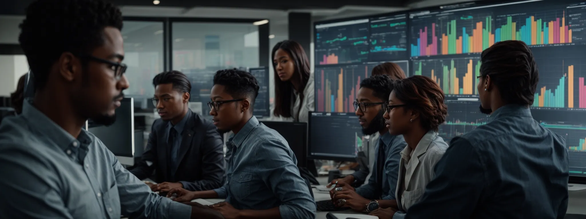 a diverse group of professionals enthusiastically analyzes colorful graphs and charts on a computer screen in a modern office setting.