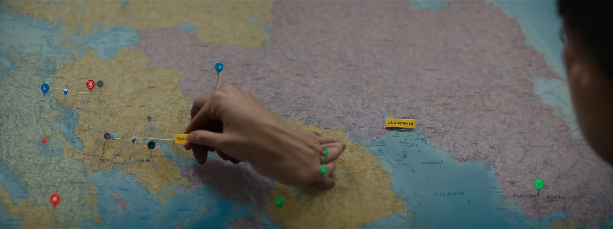 a person points at a computer screen displaying a map interface with various colorful pins marking local businesses.