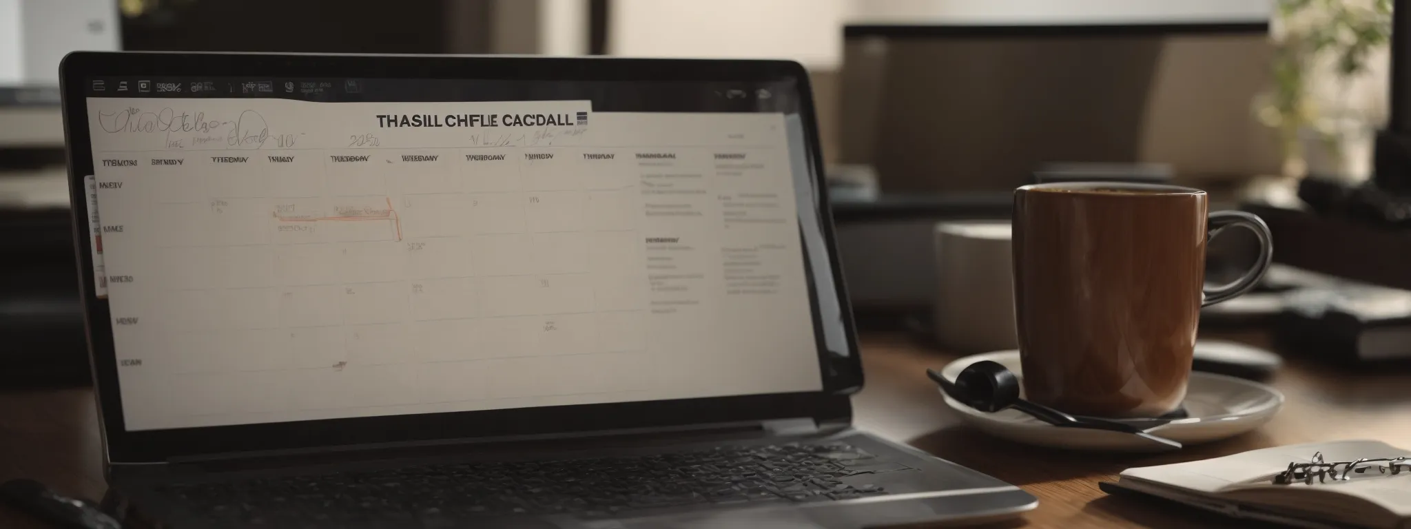 a desktop with a visible content calendar on a computer screen and a notepad with a list of keywords next to a cup of coffee.