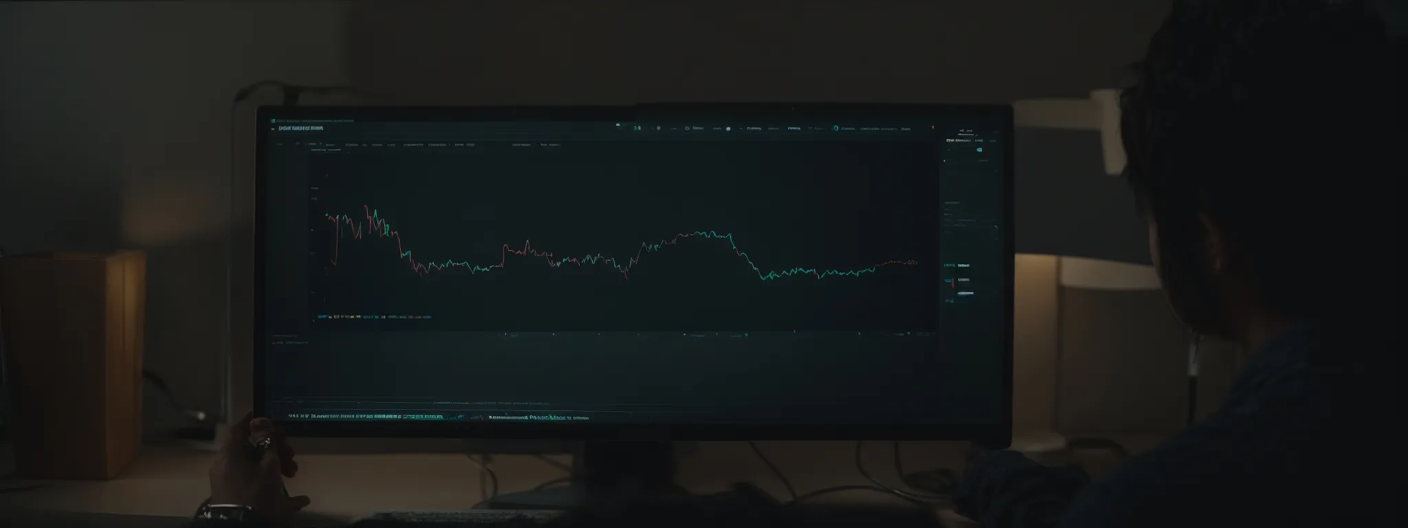 a digital marketer attentively analyzes a graph displaying trending keywords on a computer screen.