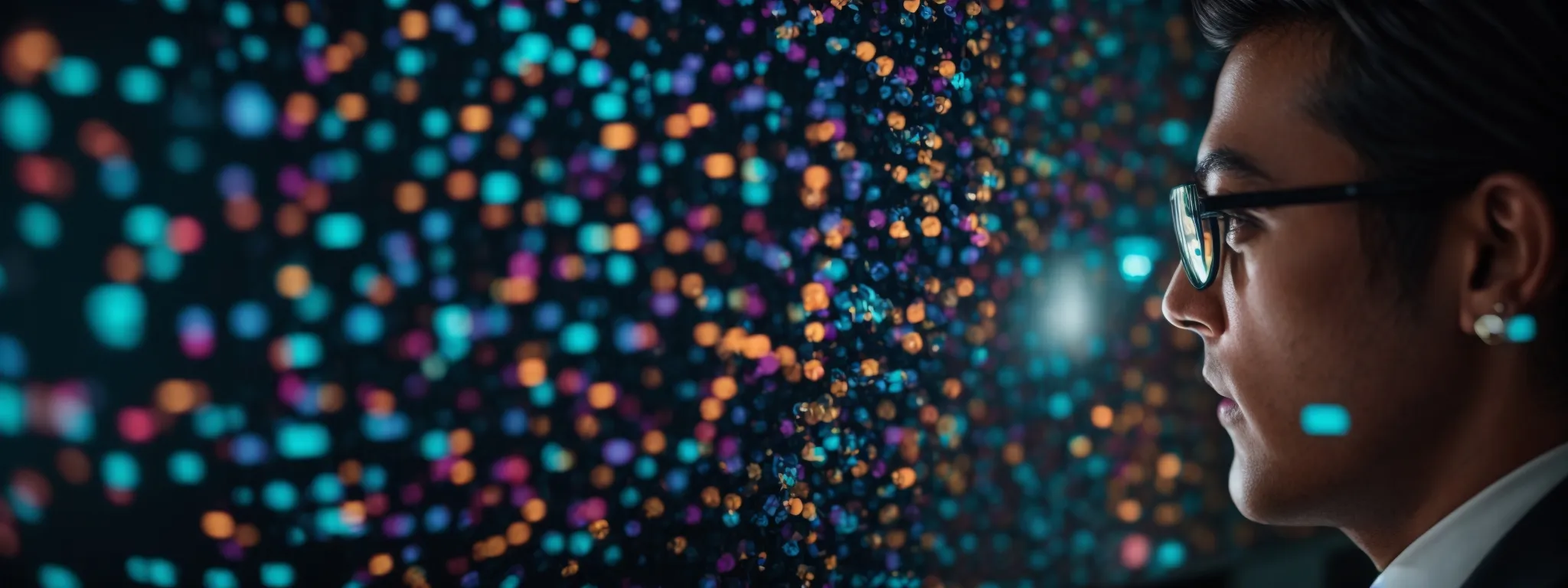 a focused individual gazes at a vibrant display of overlapping keyword bubbles on a computer screen, symbolizing strategic planning in seo.