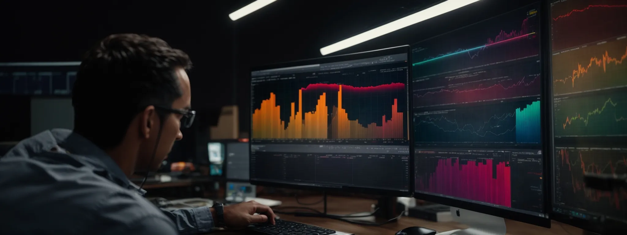 a marketer comparing colorful graphs and charts on a large computer screen, reflecting the performance of different keyword research tools.