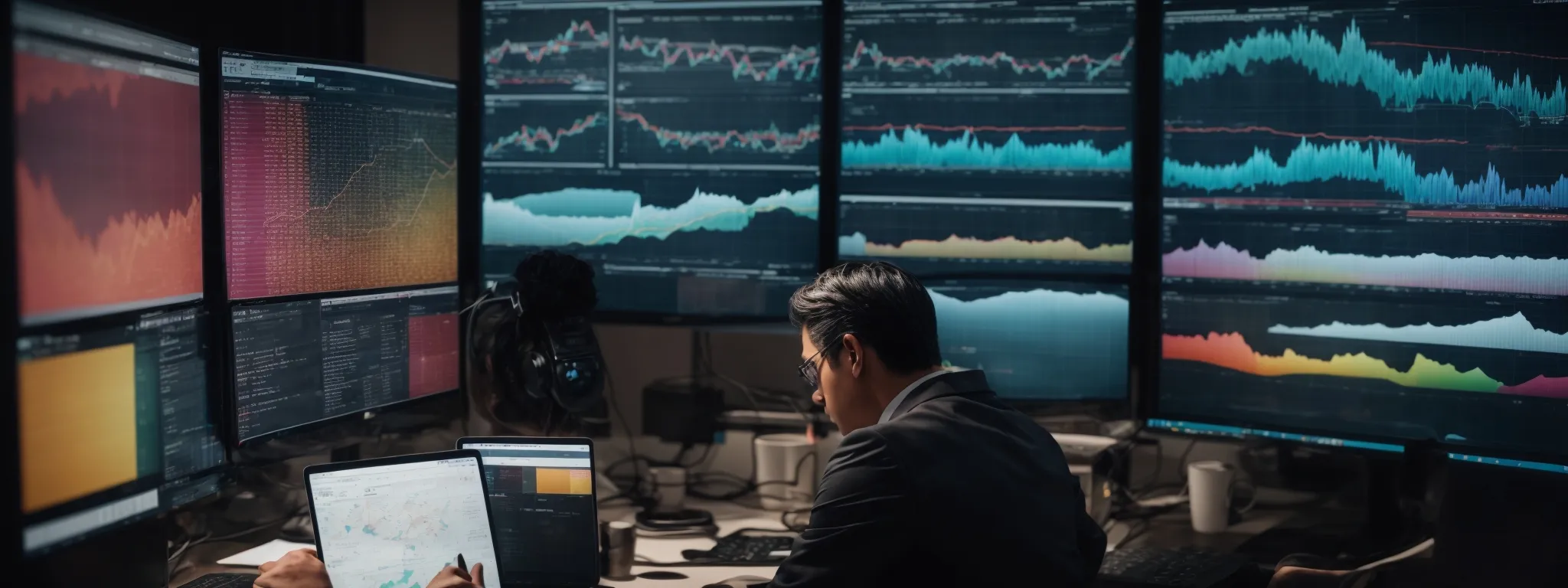 a marketer gazes intently at a computer screen displaying colorful graphs and regional maps of search engine rankings.