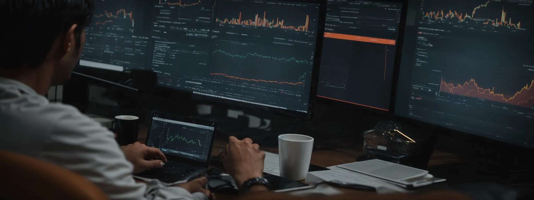 a person sits at a computer analyzing graphs and charts that depict website traffic trends and keyword rankings.