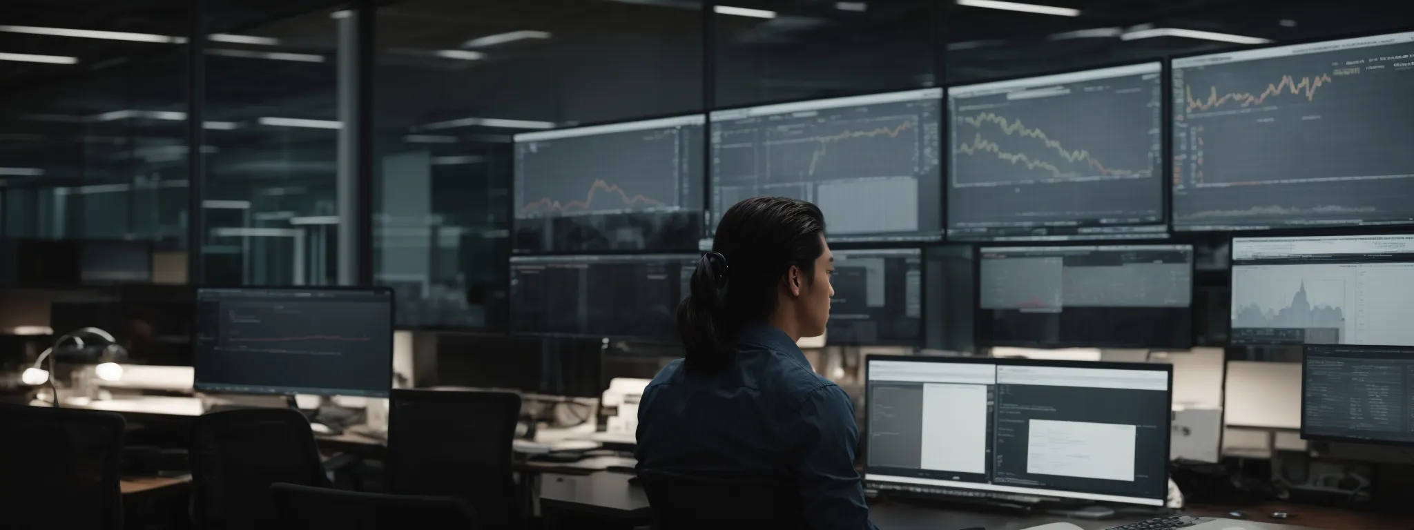 a focused individual sits in a modern office, intently analyzing data on a large computer screen with amazon's website open, engaging with a sleek keyword research software interface.