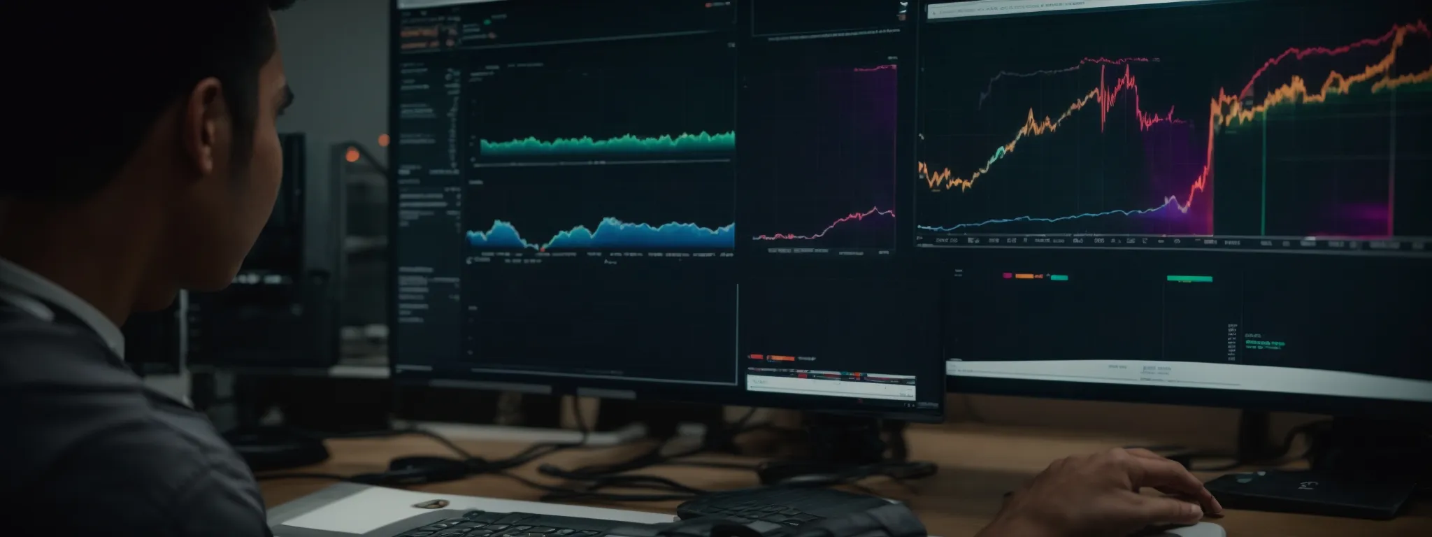 a marketer analyzes colorful graphs on a computer screen showing campaign performance metrics.