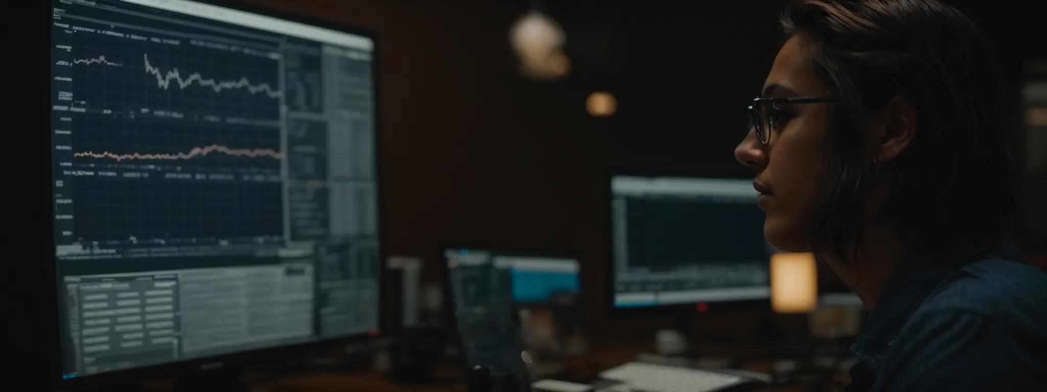 a focused professional is viewing analytical data on a computer screen, strategizing for amazon search optimization.