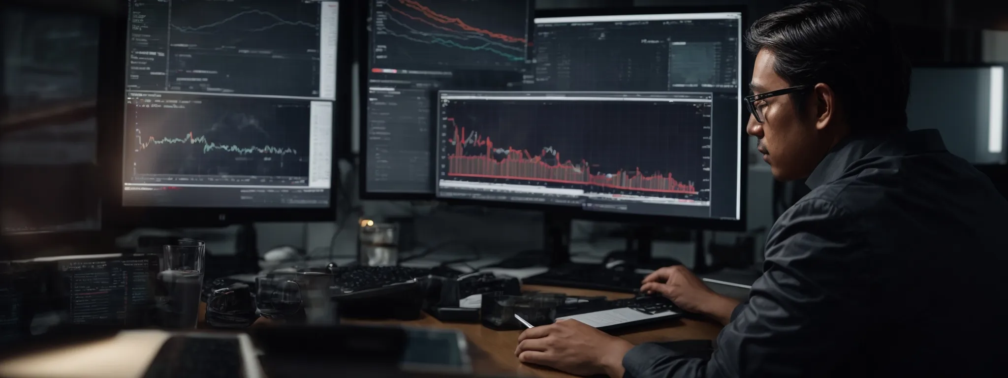 a marketer analyzes graphs on a computer indicating rising trends in traffic and engagement.