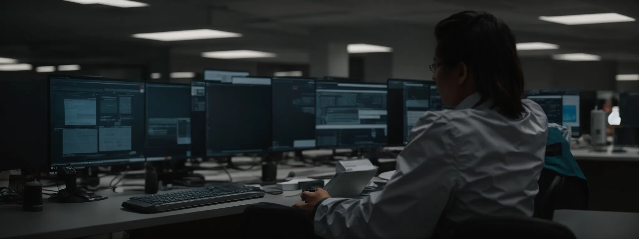 a person conducting a search on a computer in a modern office setup.