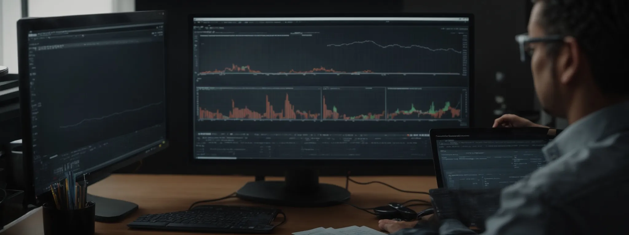 a person analyzing graphs and charts on a computer screen that depict keyword performance metrics.
