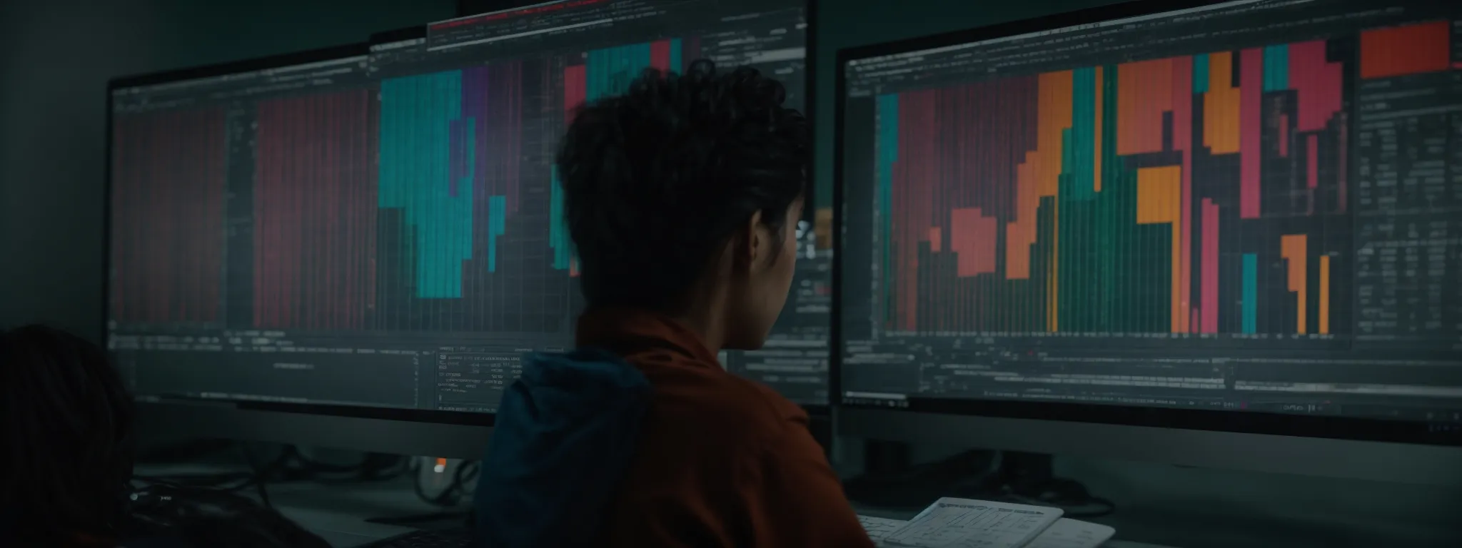a person intently studies a colorful spreadsheet on their computer screen, filled with various keywords and data charts pertinent to seo.