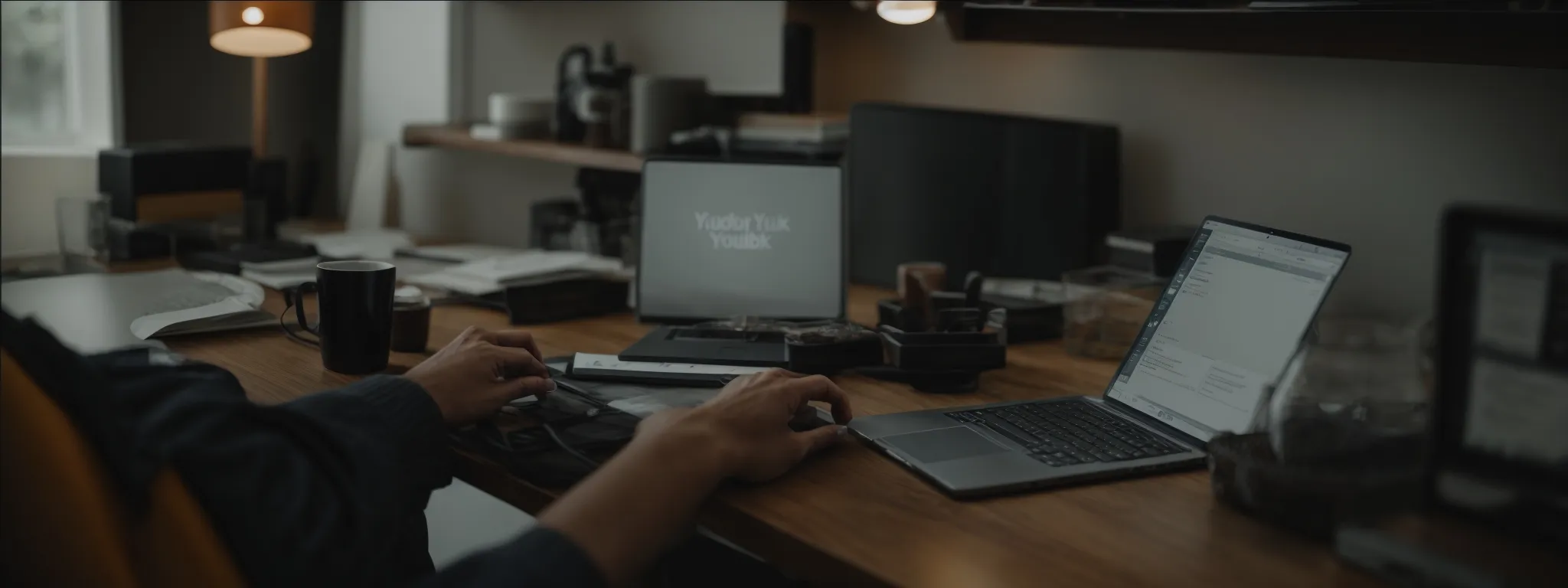 a person sitting at a desk with a laptop open to youtube shorts, brainstorming ideas with a notepad nearby.