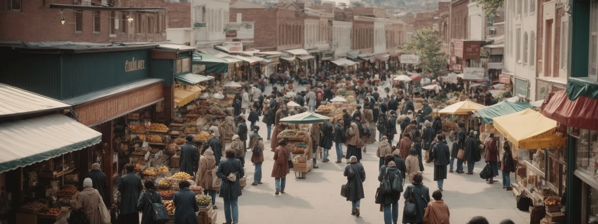 a bustling small-town market street bustling with shoppers, highlighting a community-focused vibe.