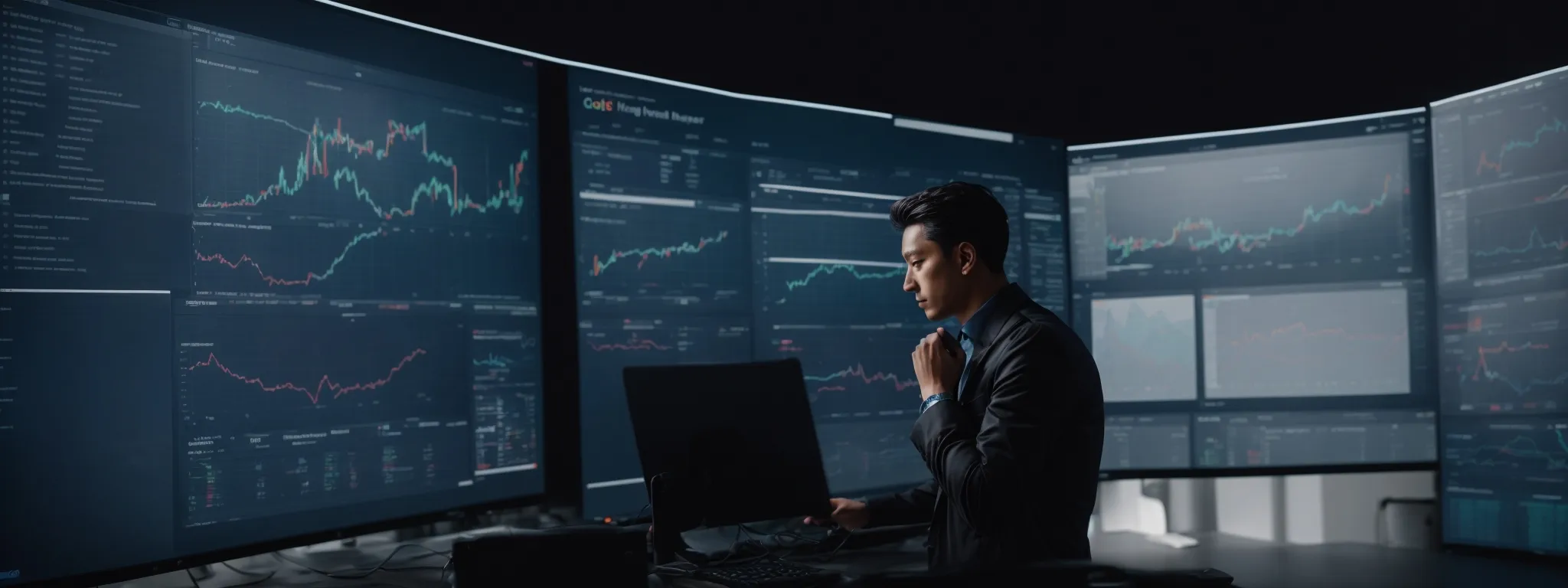 a marketer intently observes a screen displaying graphs and data analytics related to search engine keyword performance.