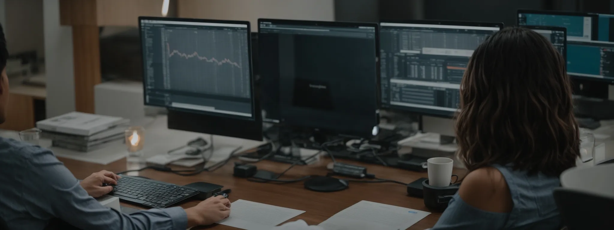 a focused individual using a sophisticated online tool on a computer in a modern office setting.
