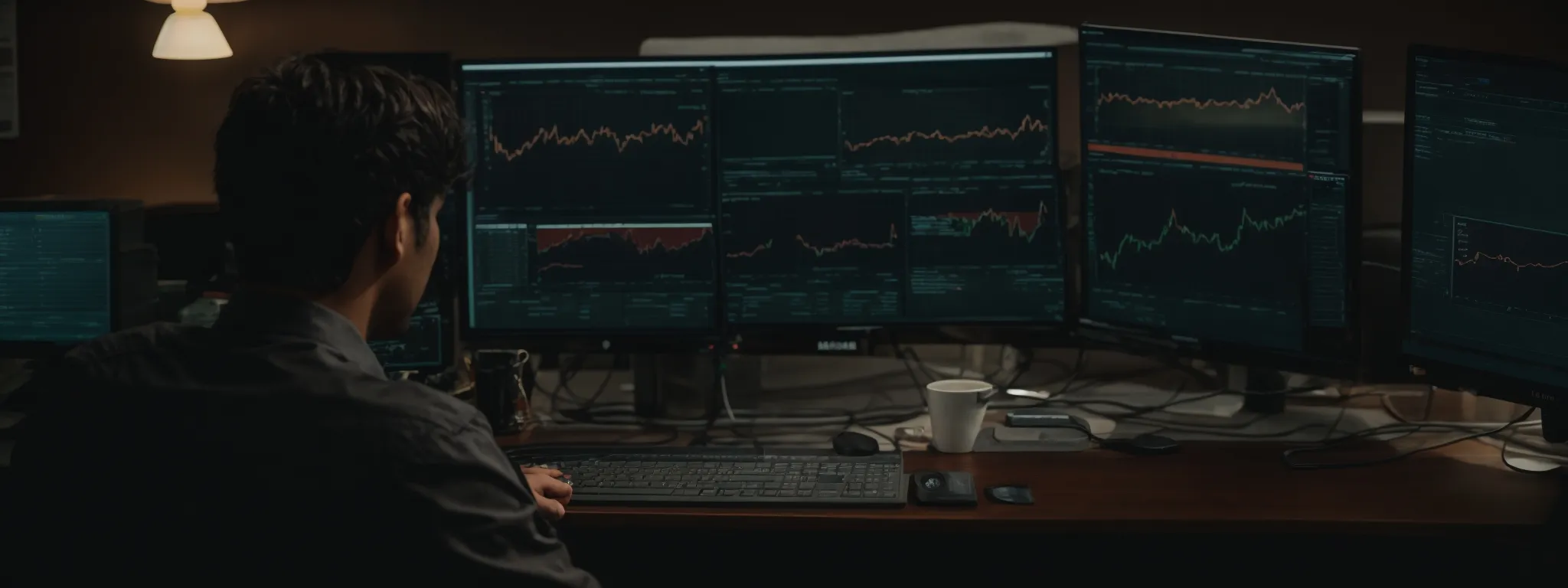 a person sitting at a computer, intently analyzing a complex dashboard filled with keyword statistics and search trends.