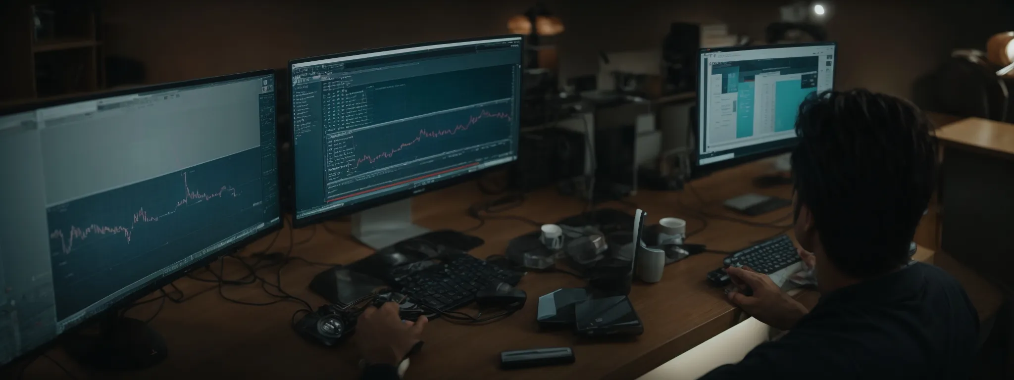 a wide-angle shot of a digital marketing expert examining youtube analytics on a large computer screen.