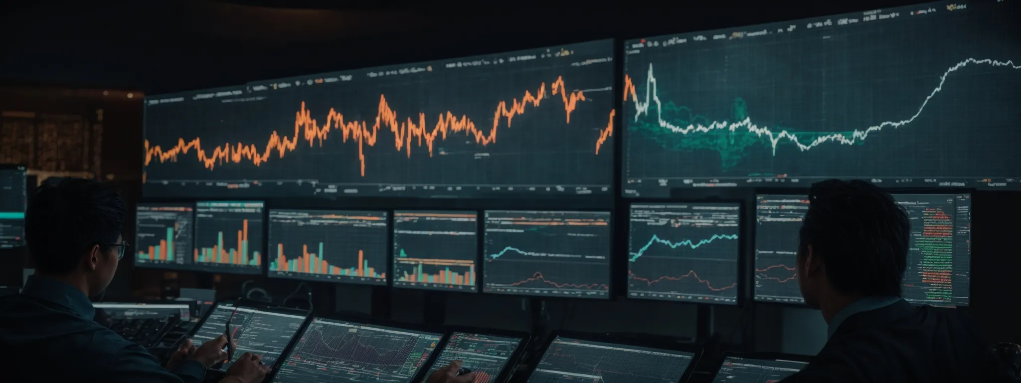 a person analyzing vibrant graphs and charts on a large screen to strategize seo efforts.