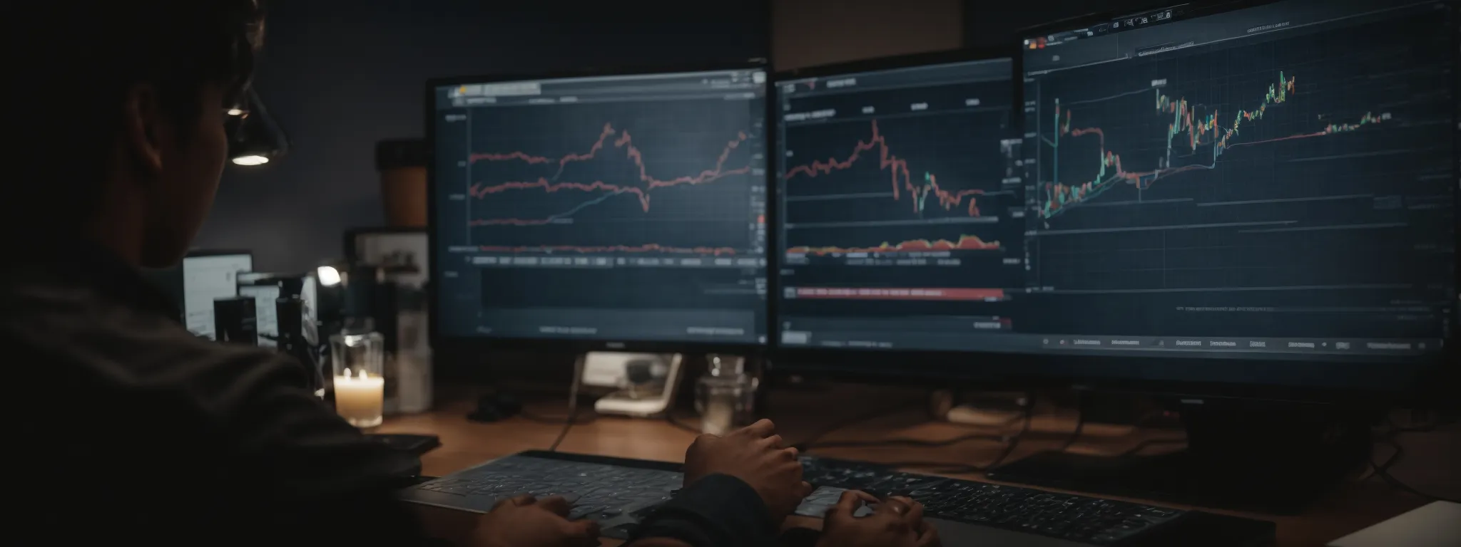a person studying a computer screen showing a graph of trending keywords and youtube channel metrics.