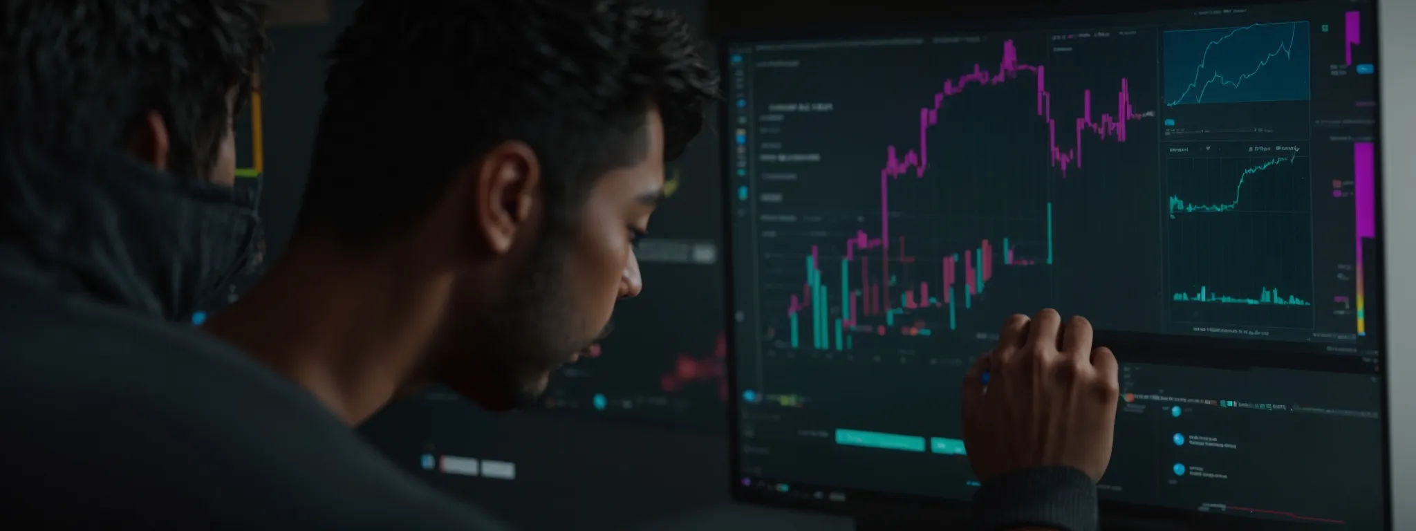 a youtuber evaluates colorful graphs on a computer screen displaying search volume trends generated by searchatlas.