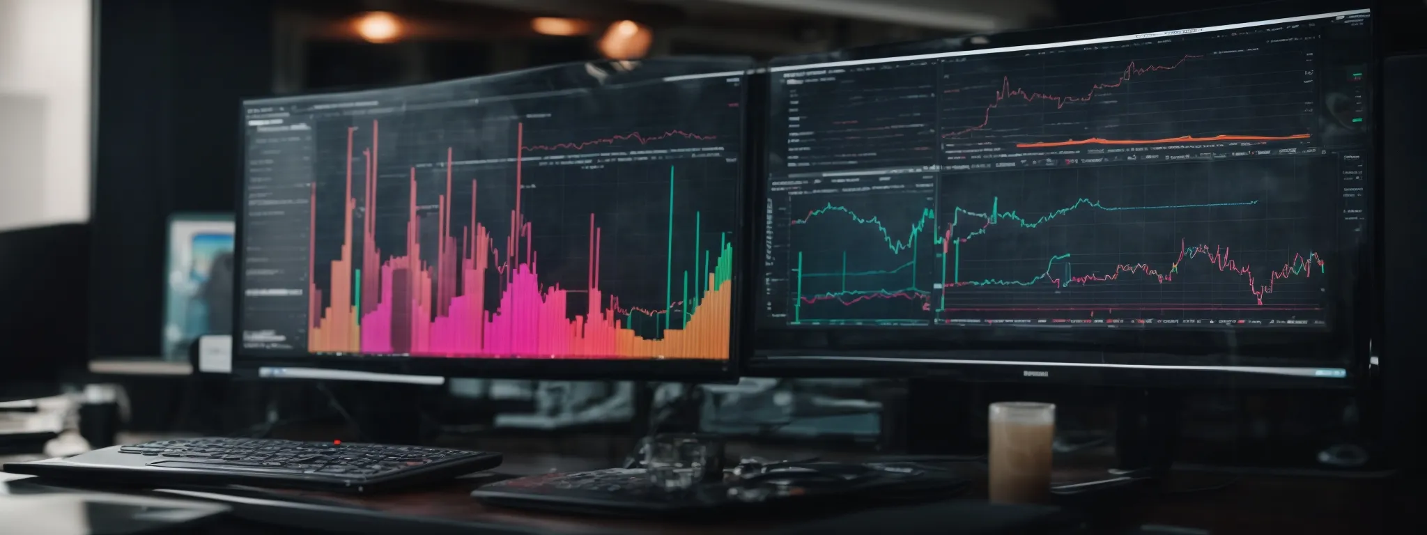a digital marketer gazes at a widescreen monitor displaying colorful analytics graphs and a dashboard indicating keyword performance trends.