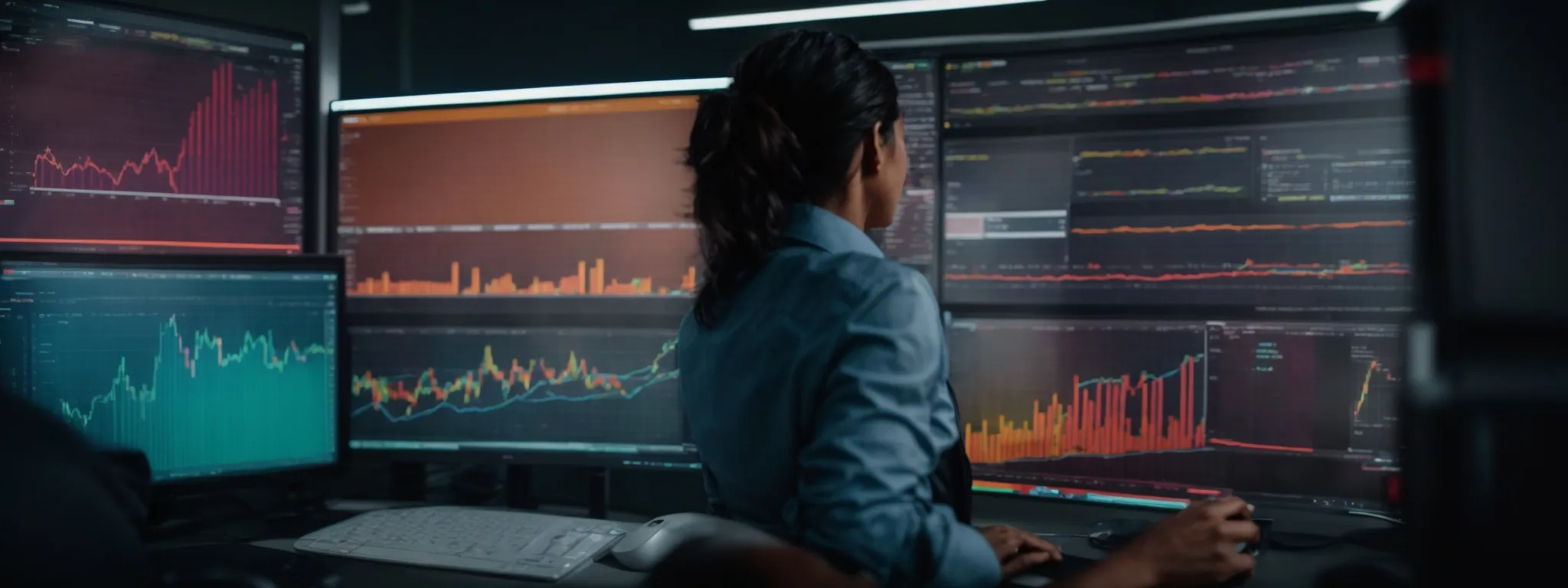 a marketer studies a vibrant dashboard with analytical graphs and keyword trends on a large monitor illuminating their focused expression.