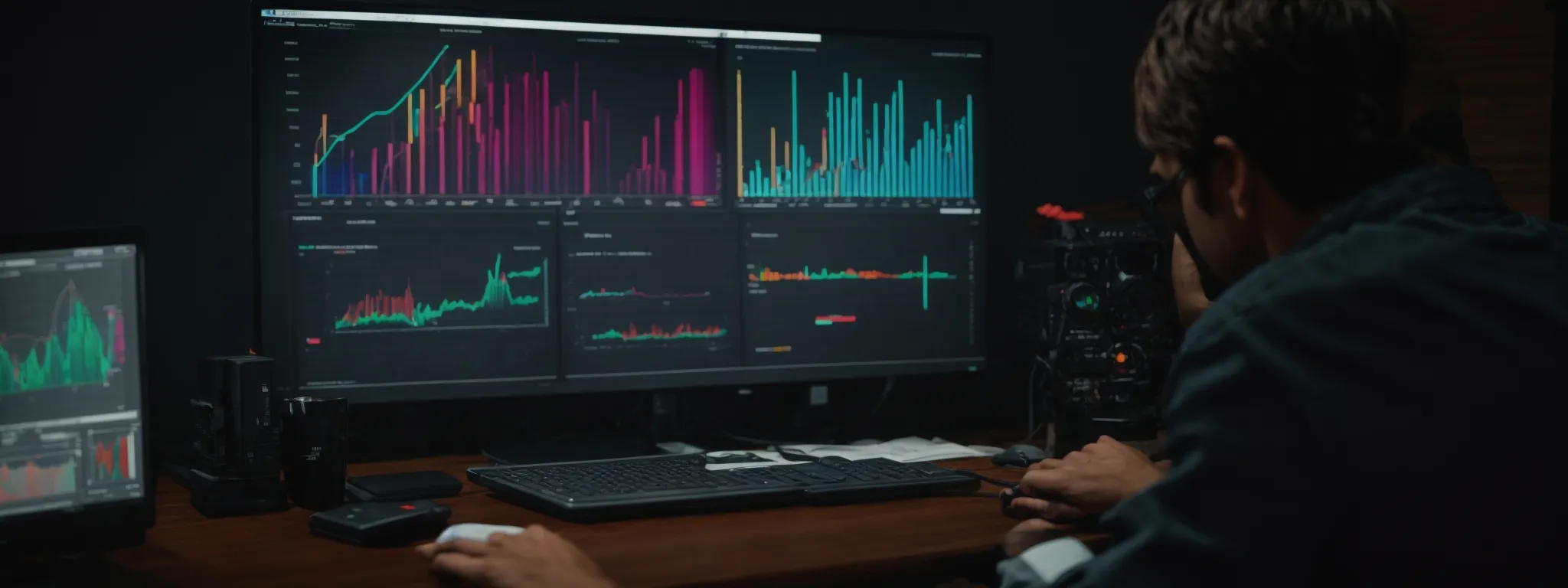 a person sitting in front of a computer screen displaying colorful graphs and metrics related to keyword performance and seo strategies.