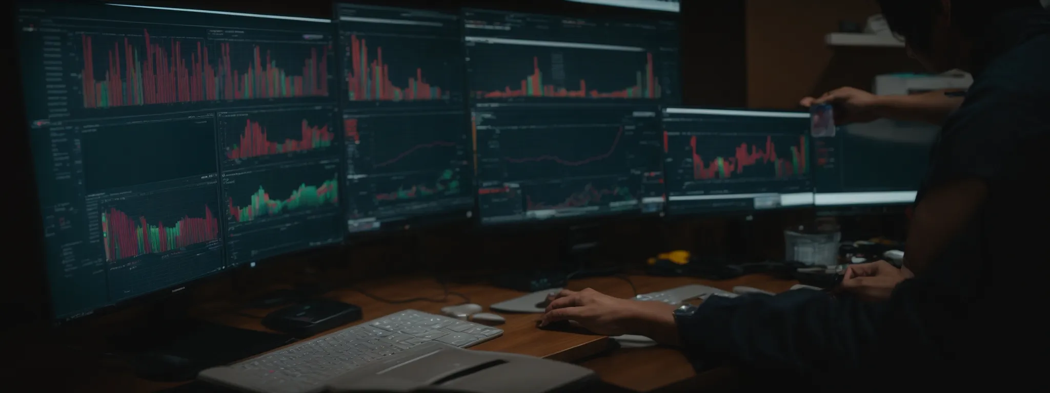 a person working on a computer, analyzing a colorful keyword analytics dashboard.