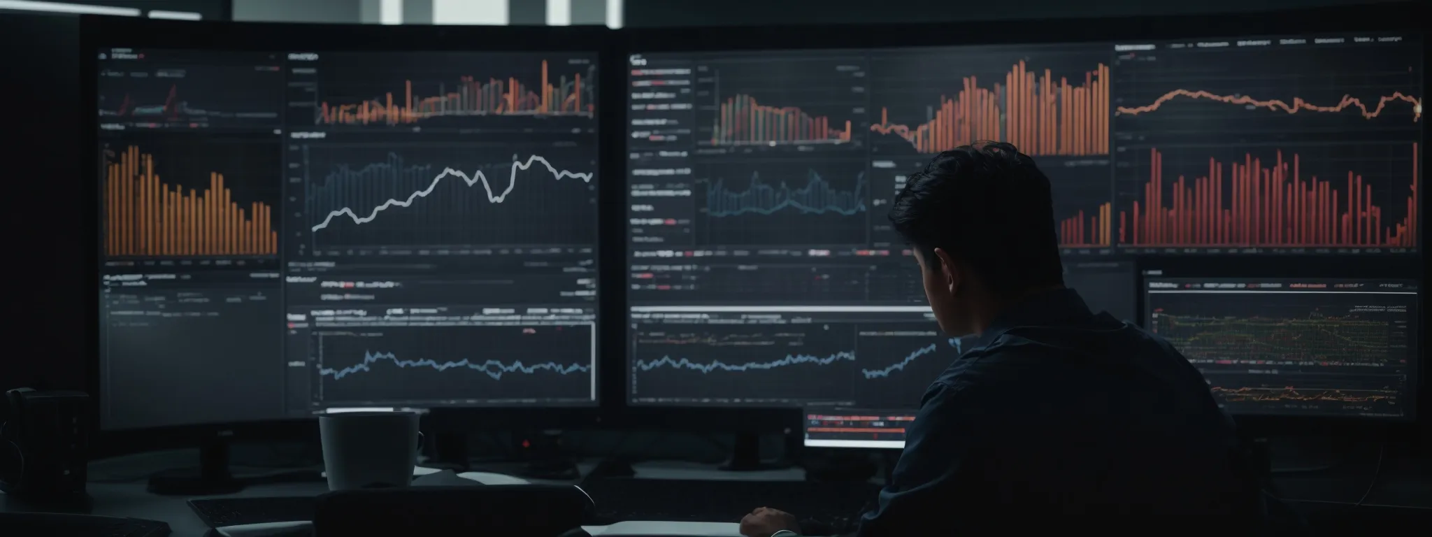 a person sitting in front of a computer screen, analyzing a complex dashboard with search trend graphs and keyword analytics.