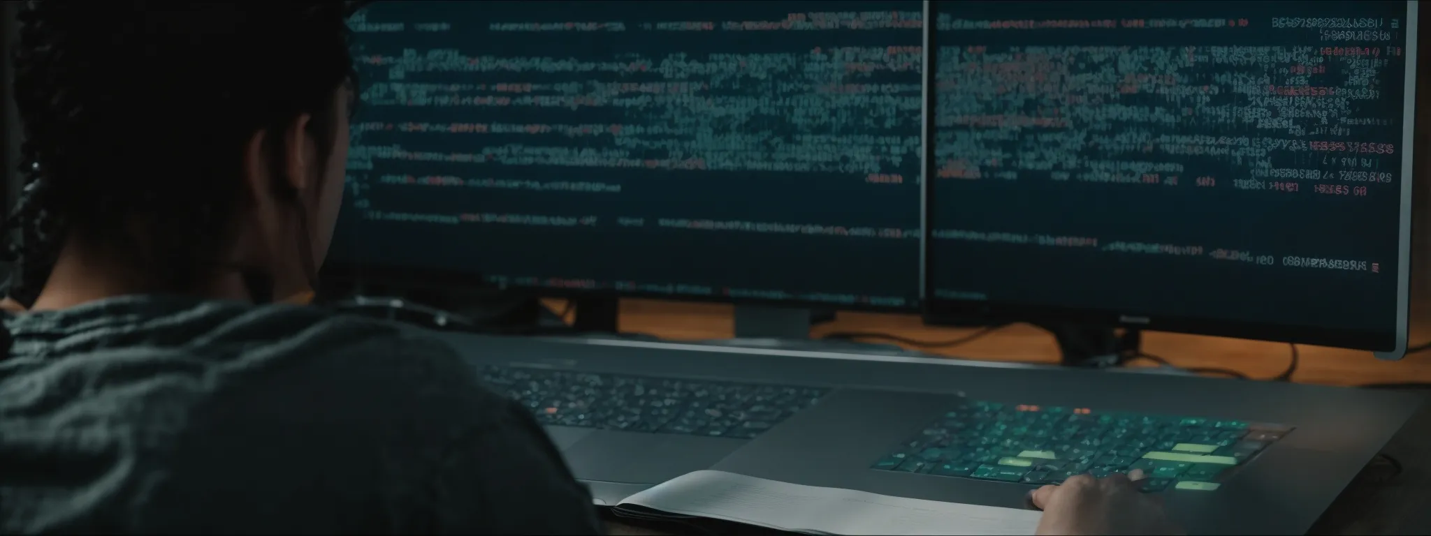 a person working intently on a laptop, organizing colorful spreadsheet cells filled with seo keywords.